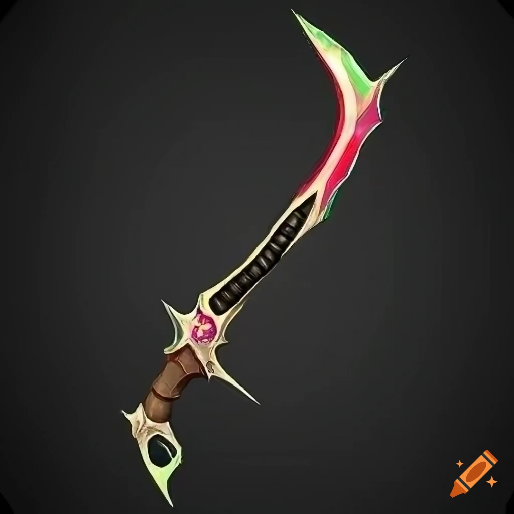 Mythic elite poison straight scimitar weapon with vertical symmetry on black background
