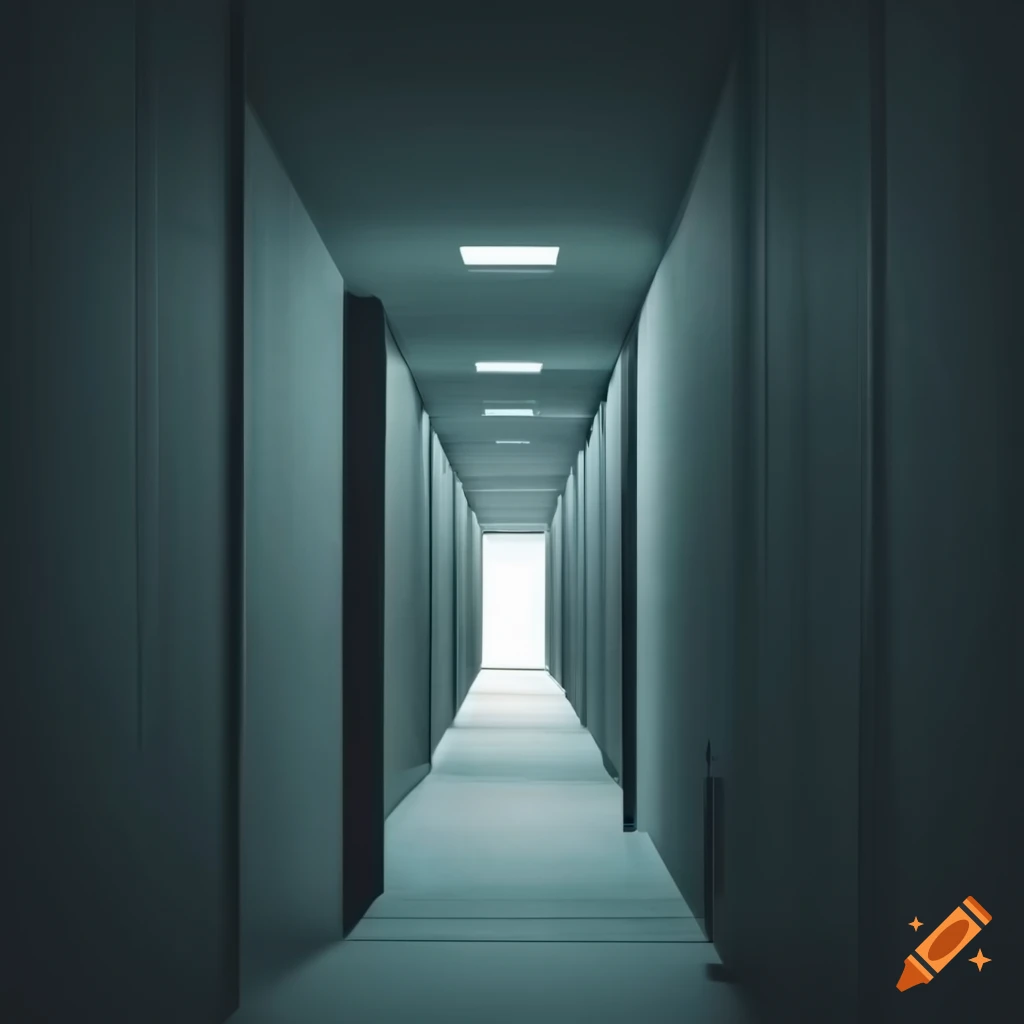 Dark office corridor with papers fluttering and objects disturbed