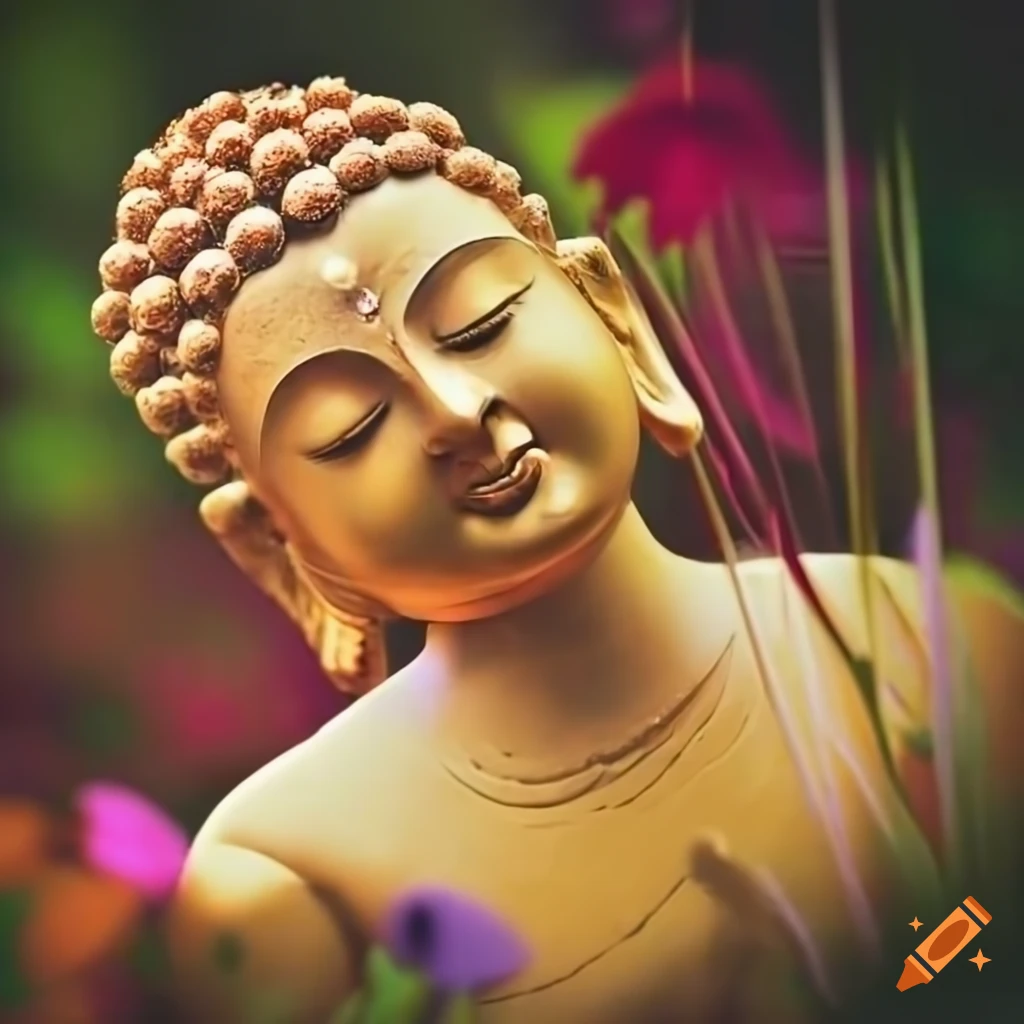 Dancing peacefully in a flower garden in a Buddhism setting