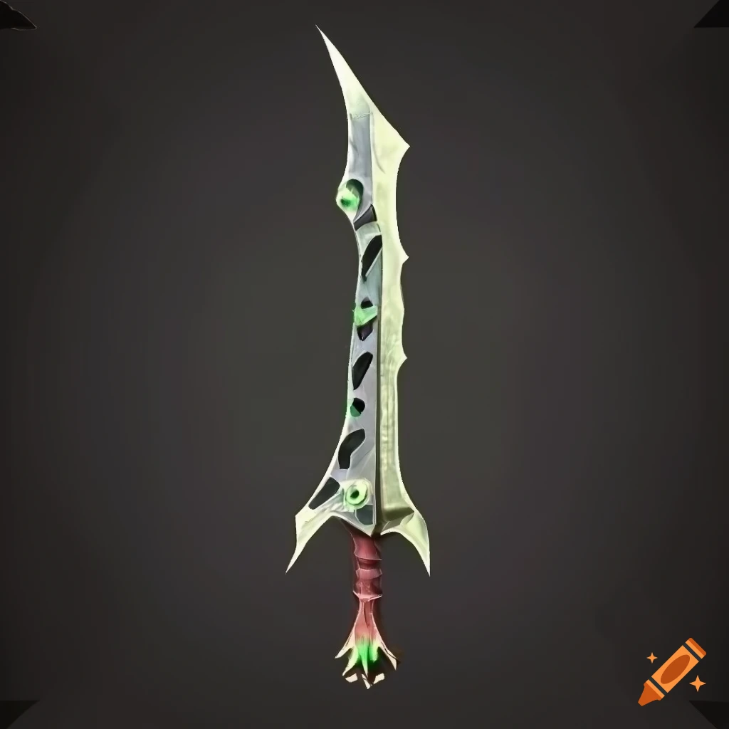 Mythic poison scimitar weapon with vertical symmetry on black background