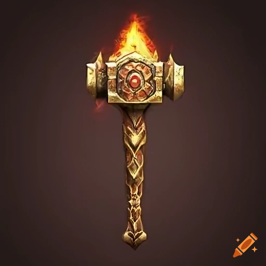 Battle-worn hammer emitting divine heat and energy in bronze and brass with a red jewel