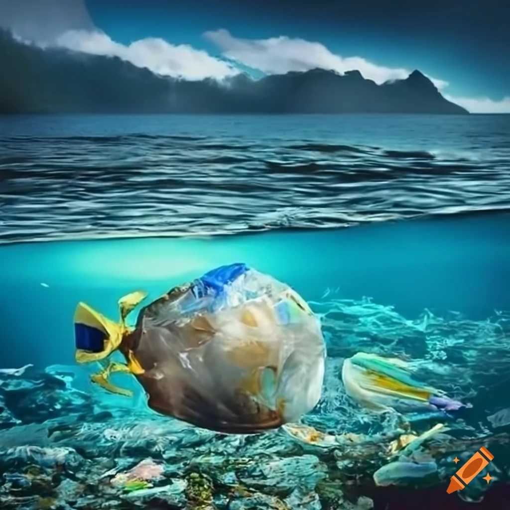 The Pacific Ocean polluted with rubbish in watercolor