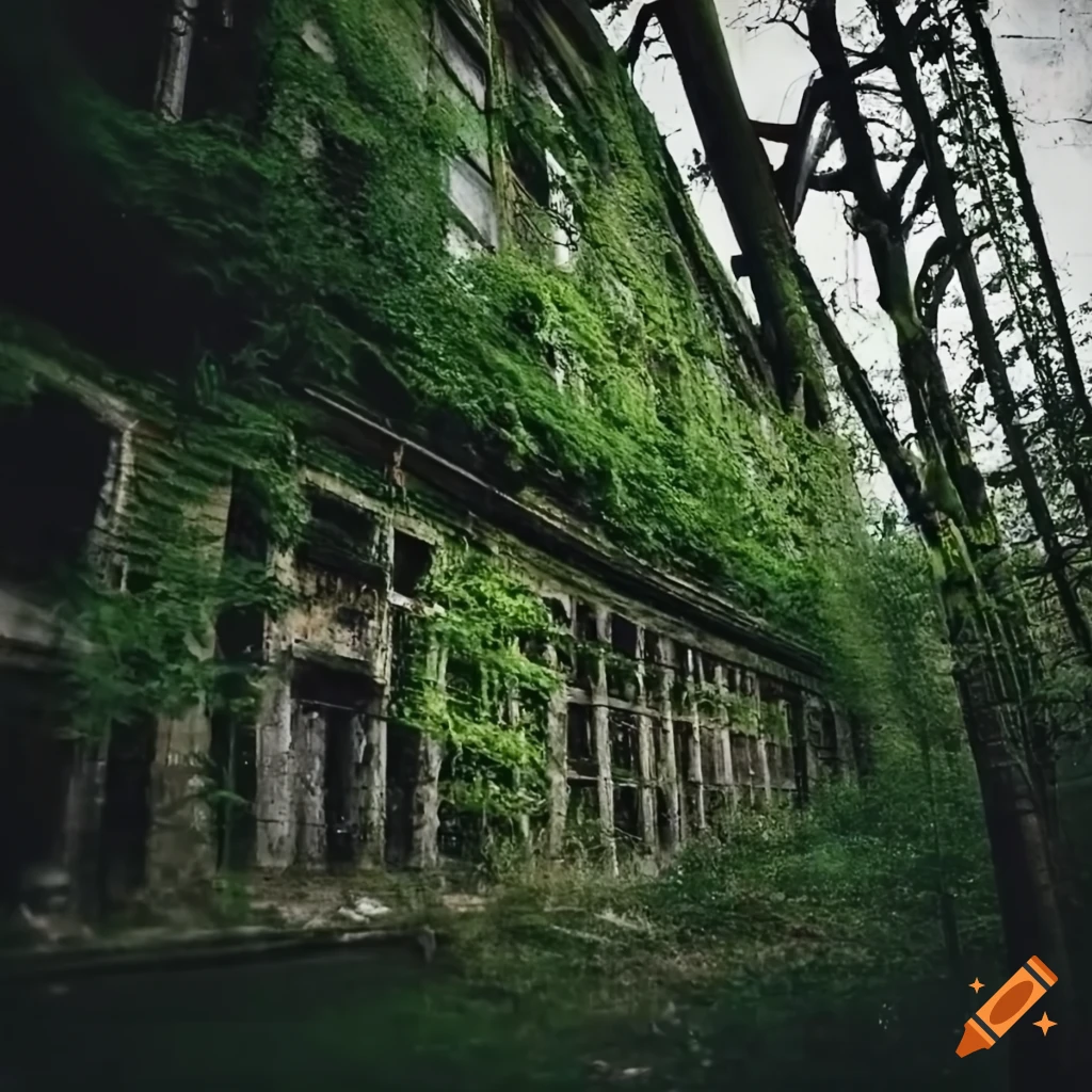 Eerie abandoned factory overgrown with vines under moody skies
