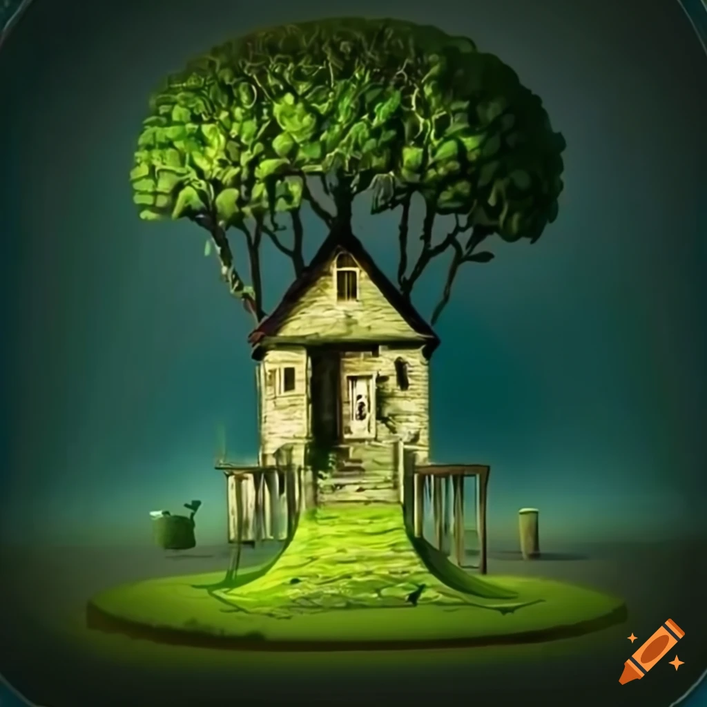 Tim Burton-style country house with tree and green plant
