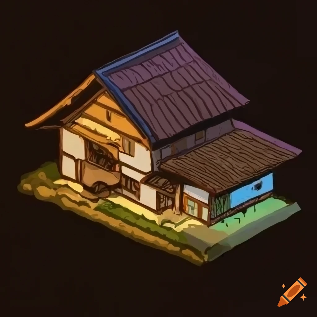 Isometric view of traditional black forest house with Japanese Edo period elements