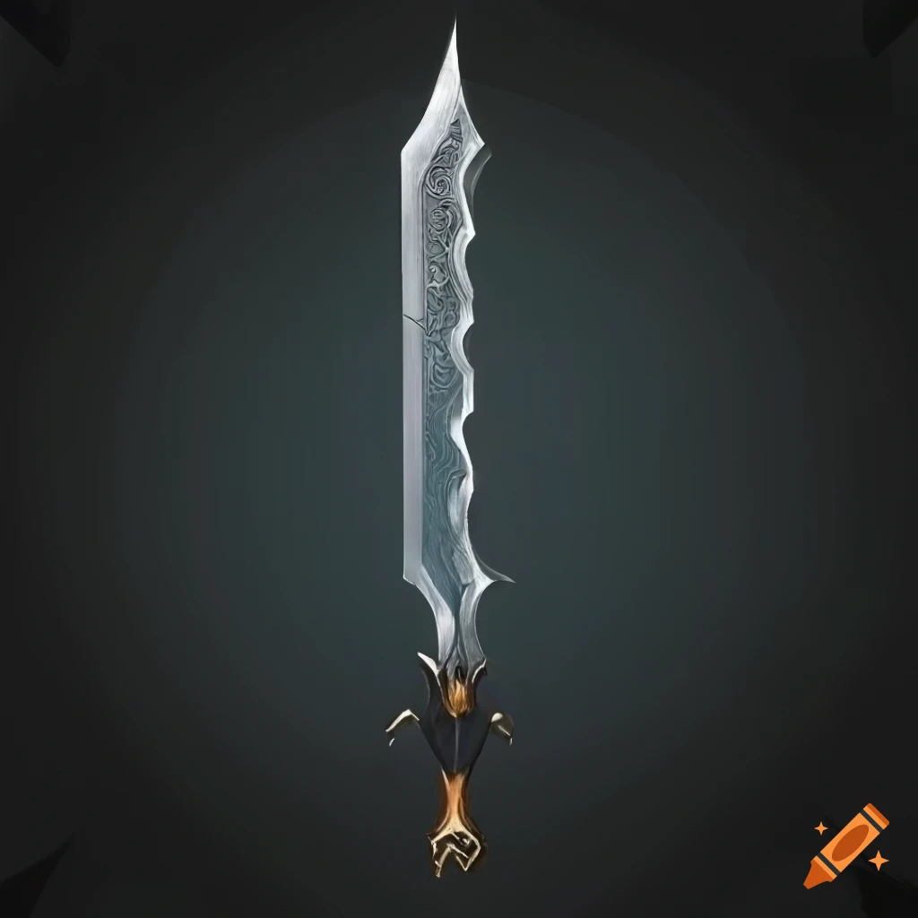 Mythic sword with vertical symmetry on black background and geometric design
