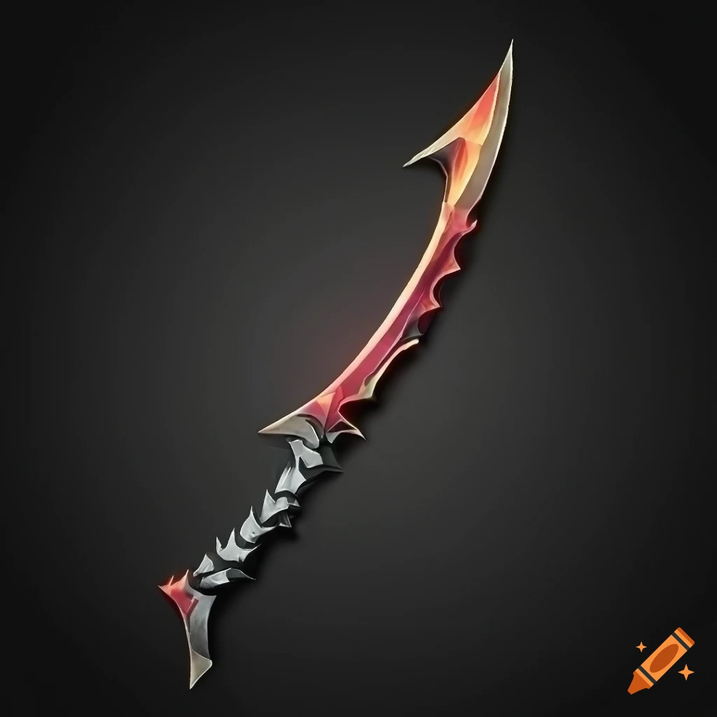 Mythic poison scimitar weapon with vertical symmetry on black background