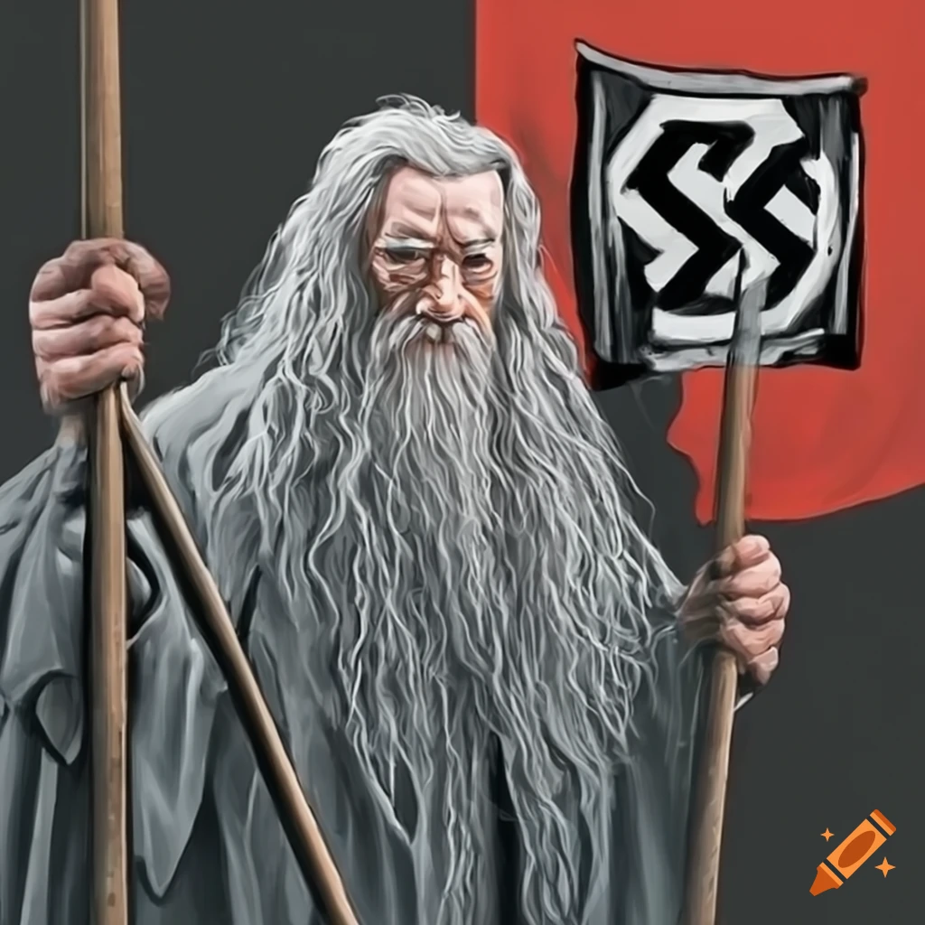 Gandalf standing in front of a flag