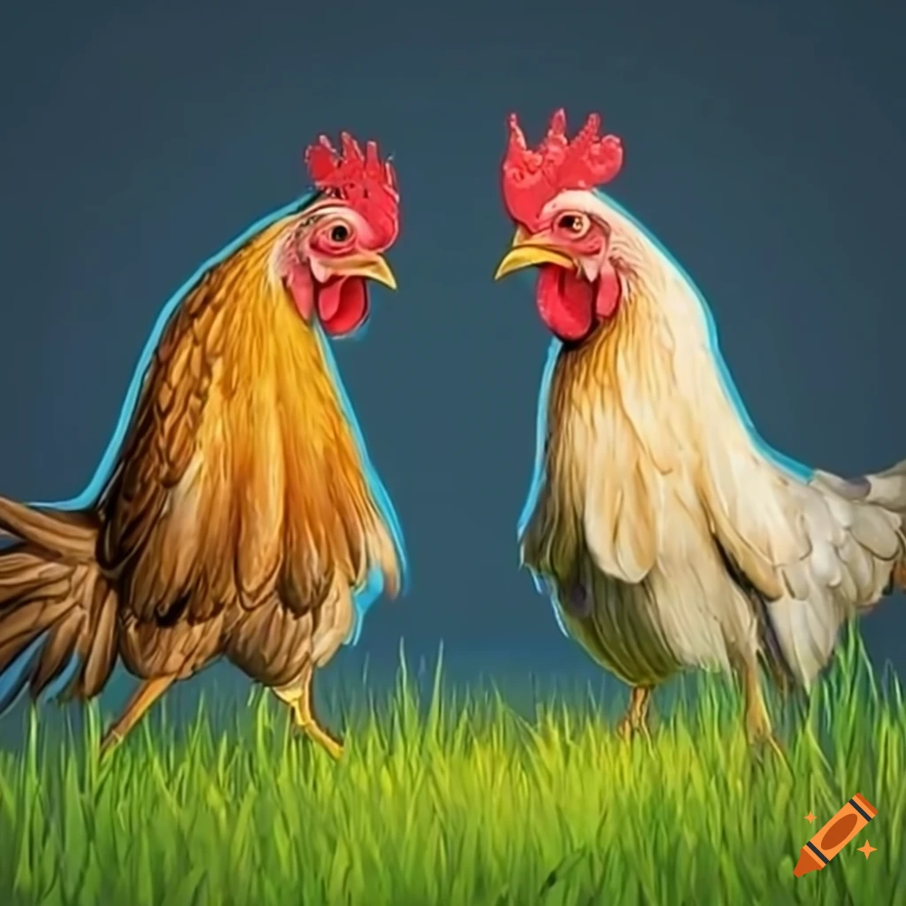 Two chickens fighting in a grass field