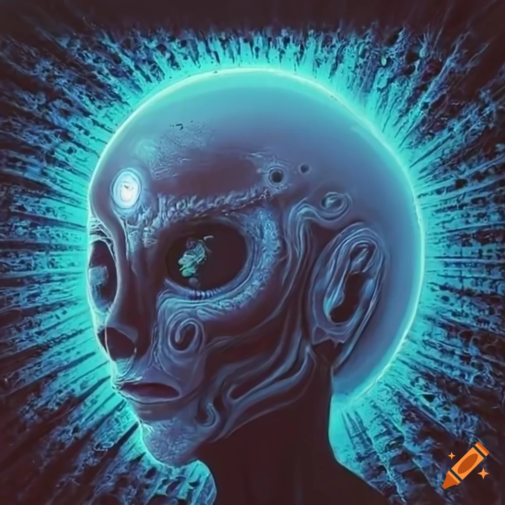 70s sci-fi organic machine art by Akira Toryama with glowing blue alien x-ray
