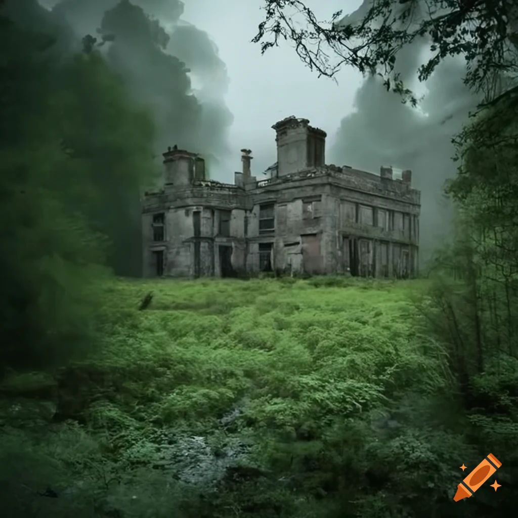 Eerie post-apocalyptic scene of a decaying British mansion surrounded by overgrown vegetation