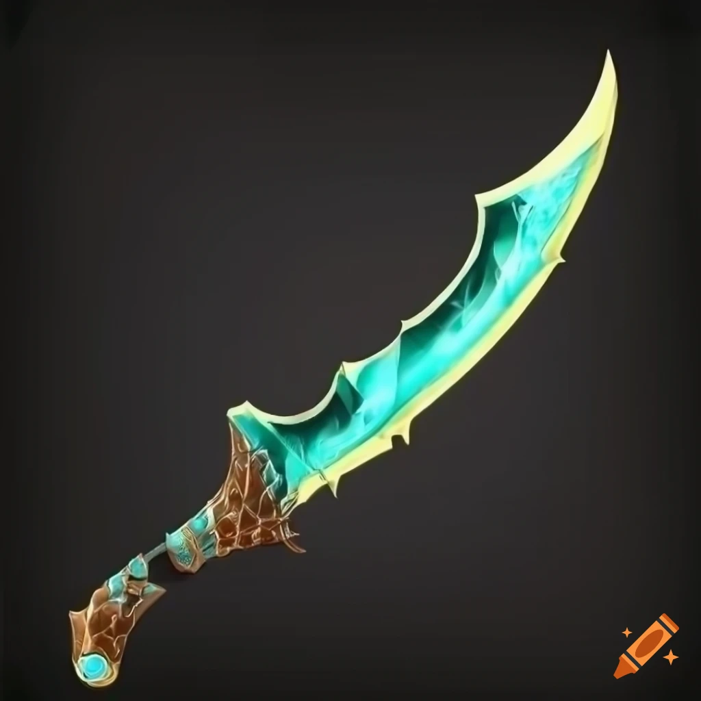 Mythic poison scimitar weapon with vertical symmetry on black background