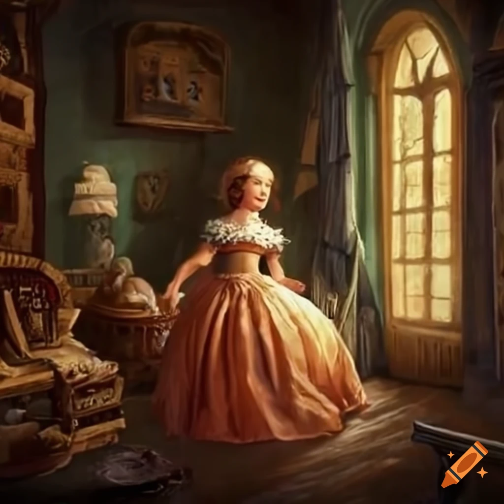 Rustic yet fancy 1800's castle interior with crying kid princes and princesses and laughing king and queen