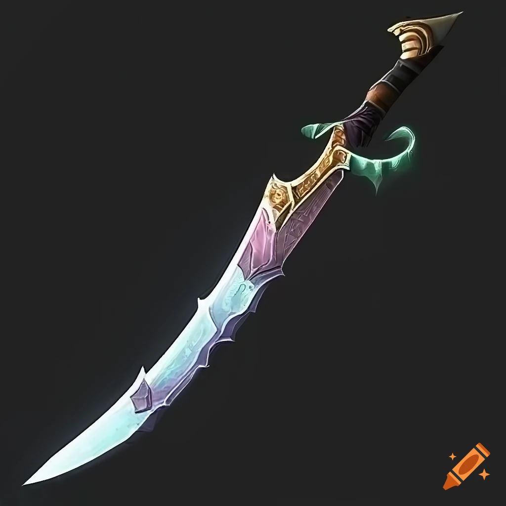 Mythic elite poison scimitar weapon with vertical symmetry on black background