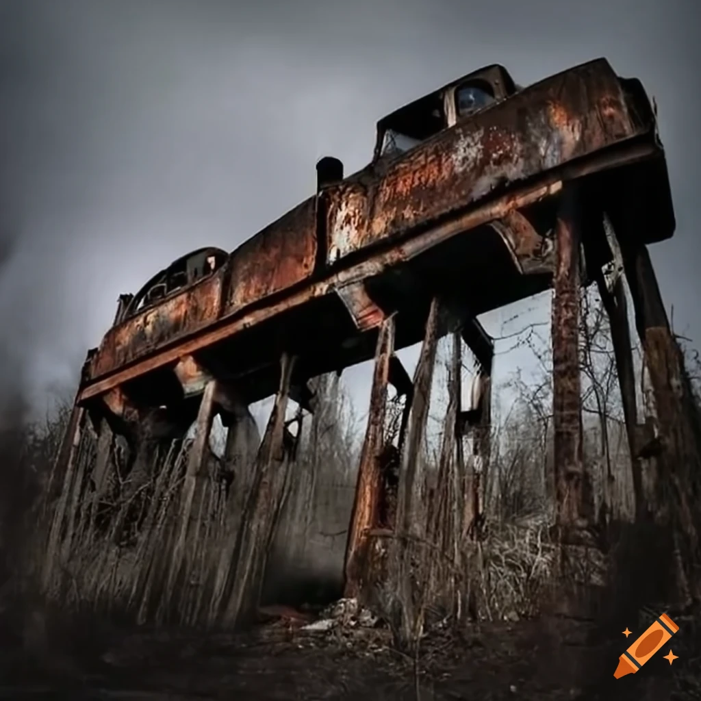 Post-apocalyptic scene with rusty bridge and destroyed cars