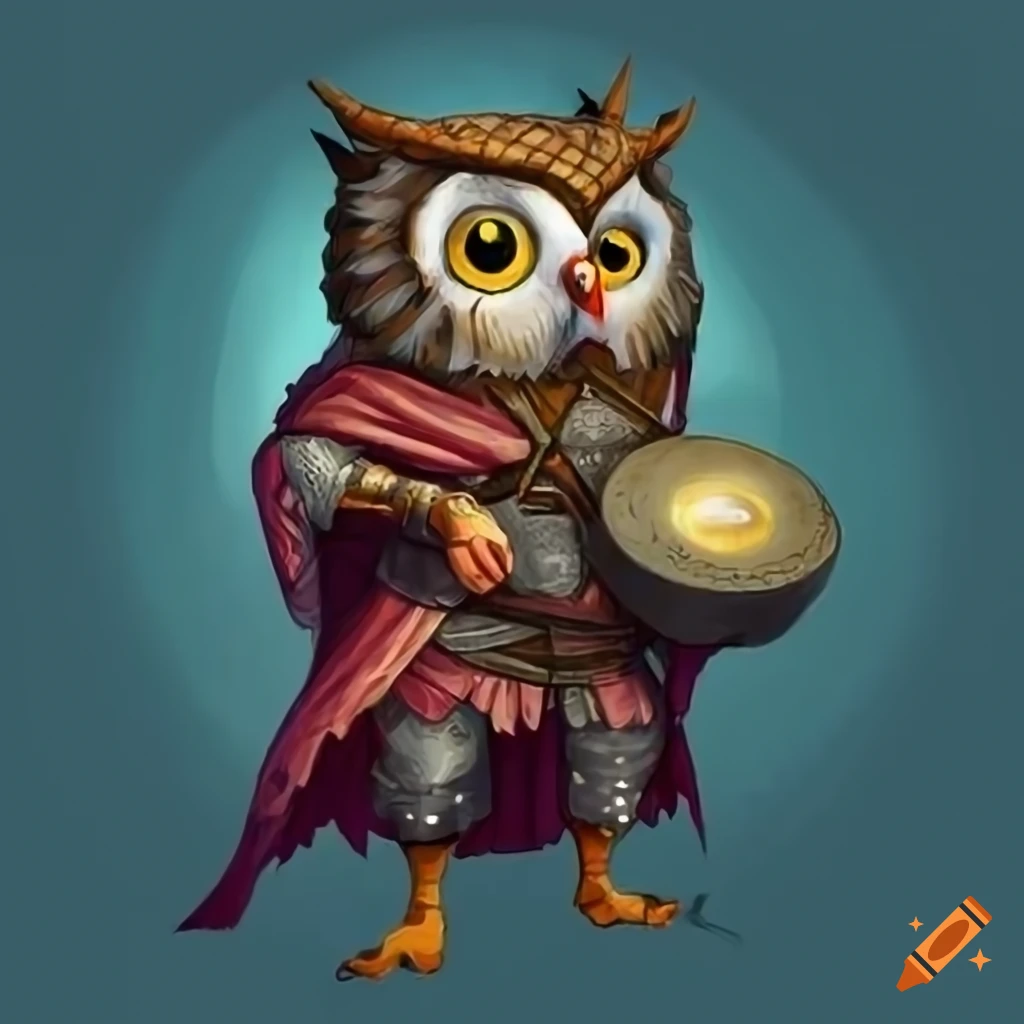 Grumpy owl bard in medieval battle attire with a war gong in a fantasy setting