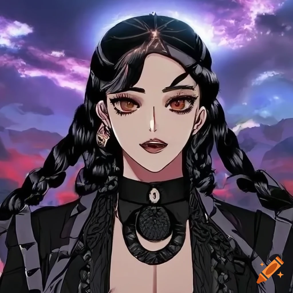 Manhwa character with dark braids and hazel-brown eyes in stylish black jacket
