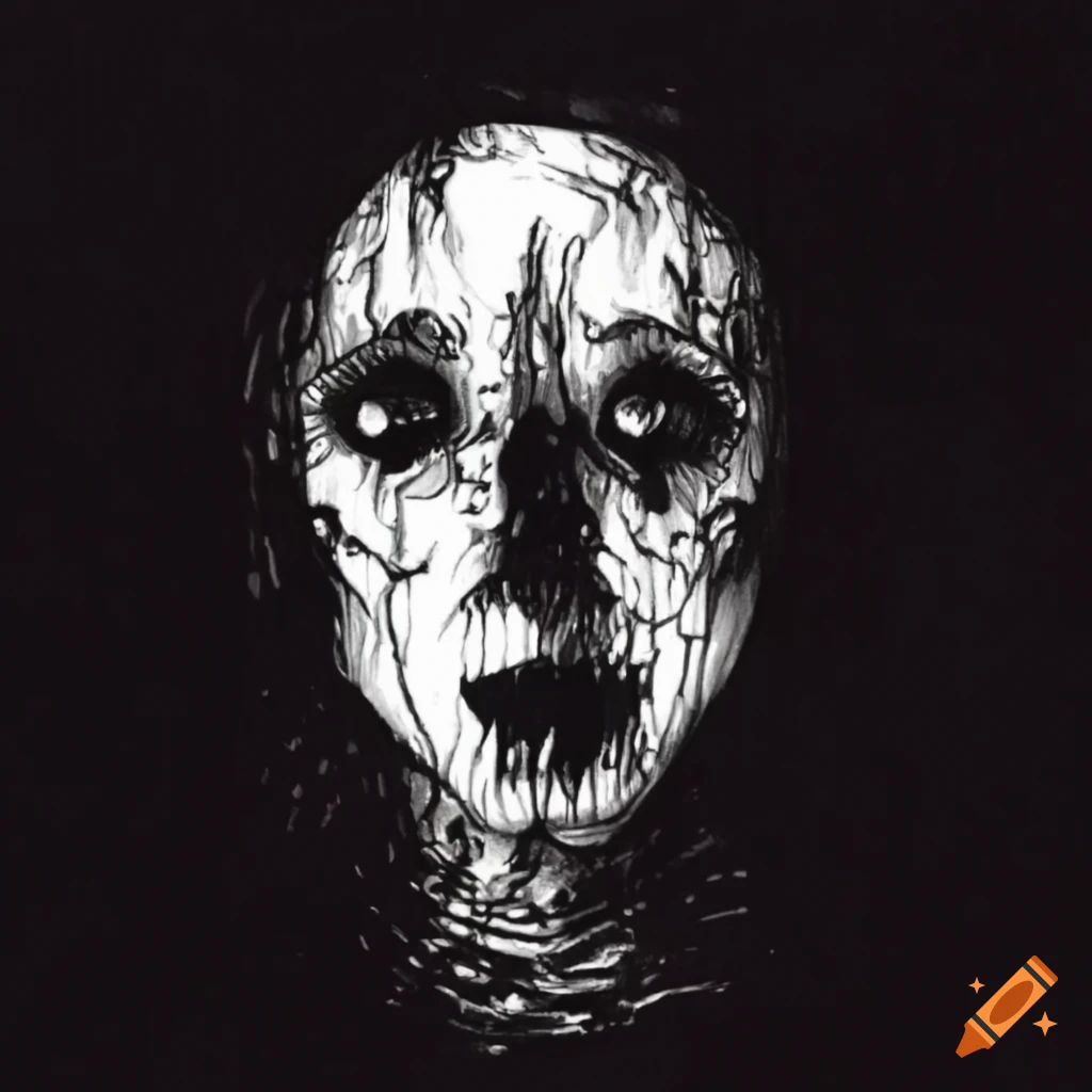 Intricate black, red, and white ink drawing of a tormented ghost with anxiety