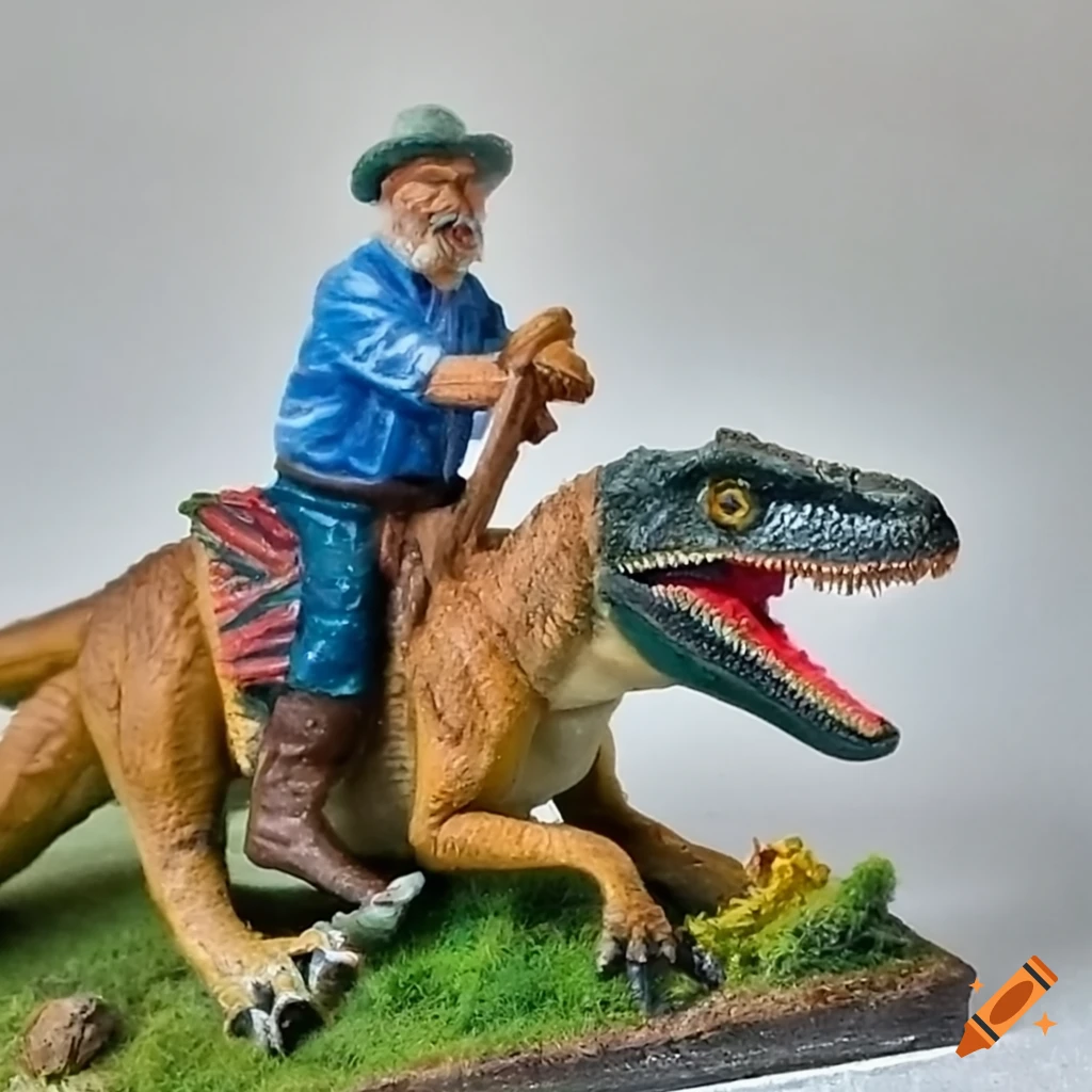 Miniature diorama of an old man riding a velociraptor on Craiyon