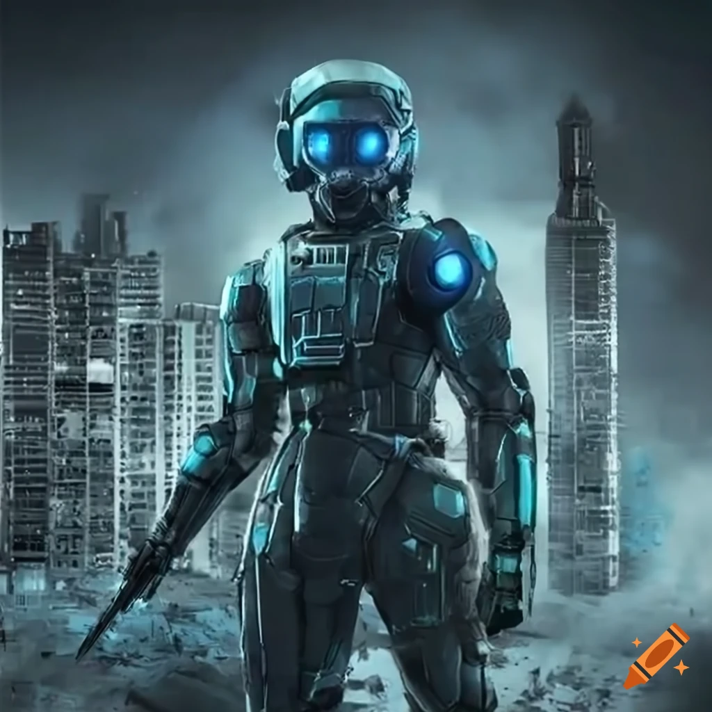 Futuristic soldier in nano-suit with advanced weapon in war-torn urban environment