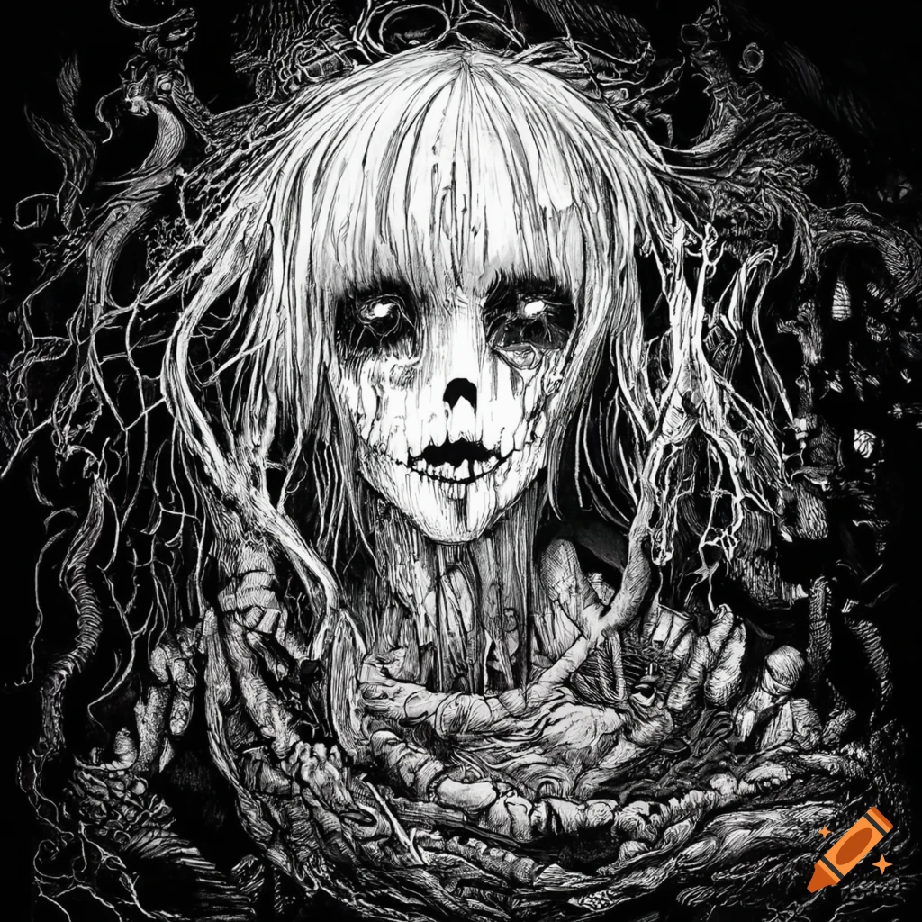 Intricate black, red, and white ink drawing of a tormented ghost with extreme anxiety