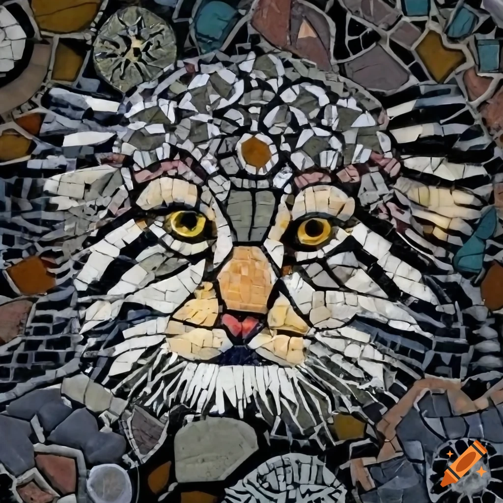 Stone mosaic of a long-haired pallas cat in Altaic art style