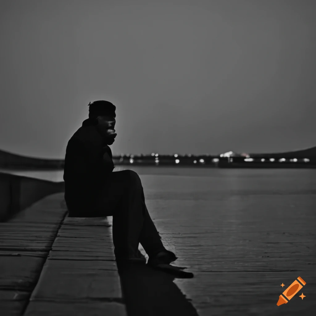 Lonely man sitting at the end of a bridge