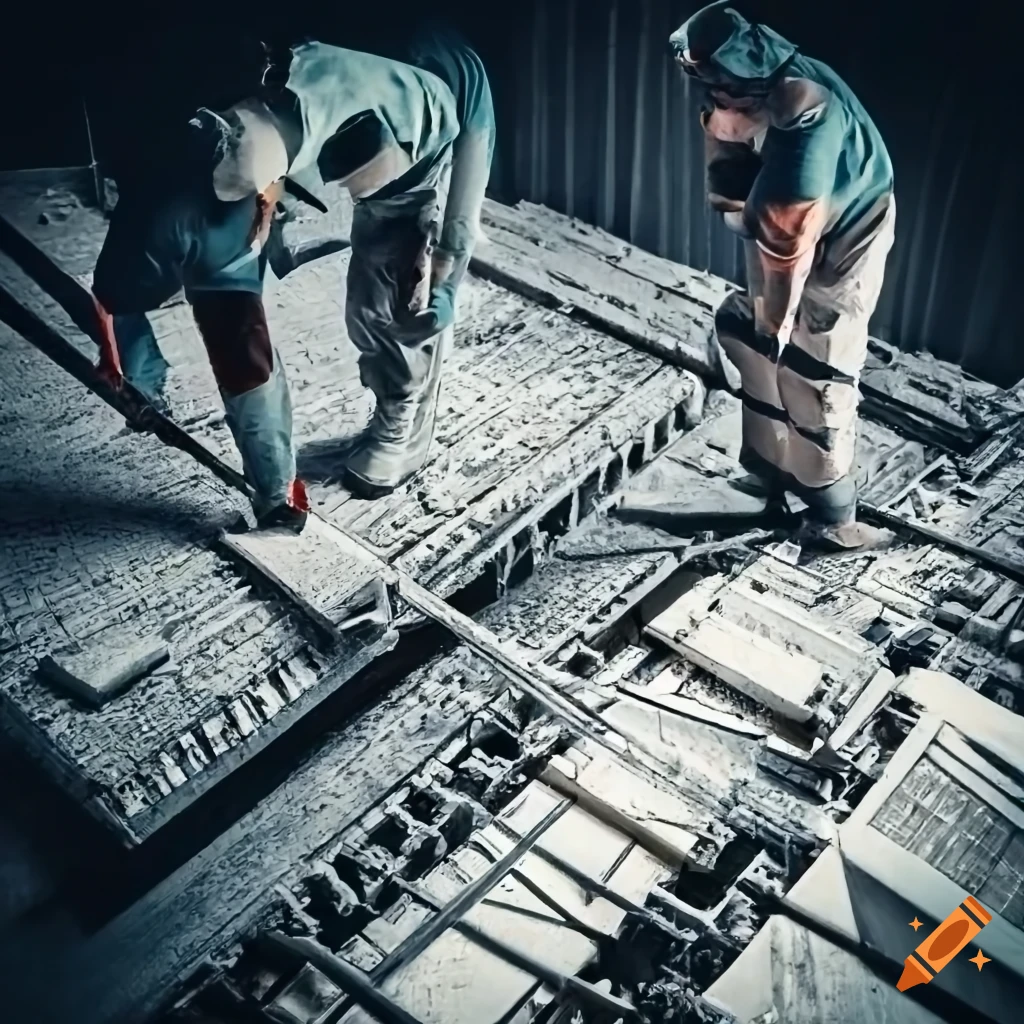 Workers building floor with self-locking blocks in a square pattern