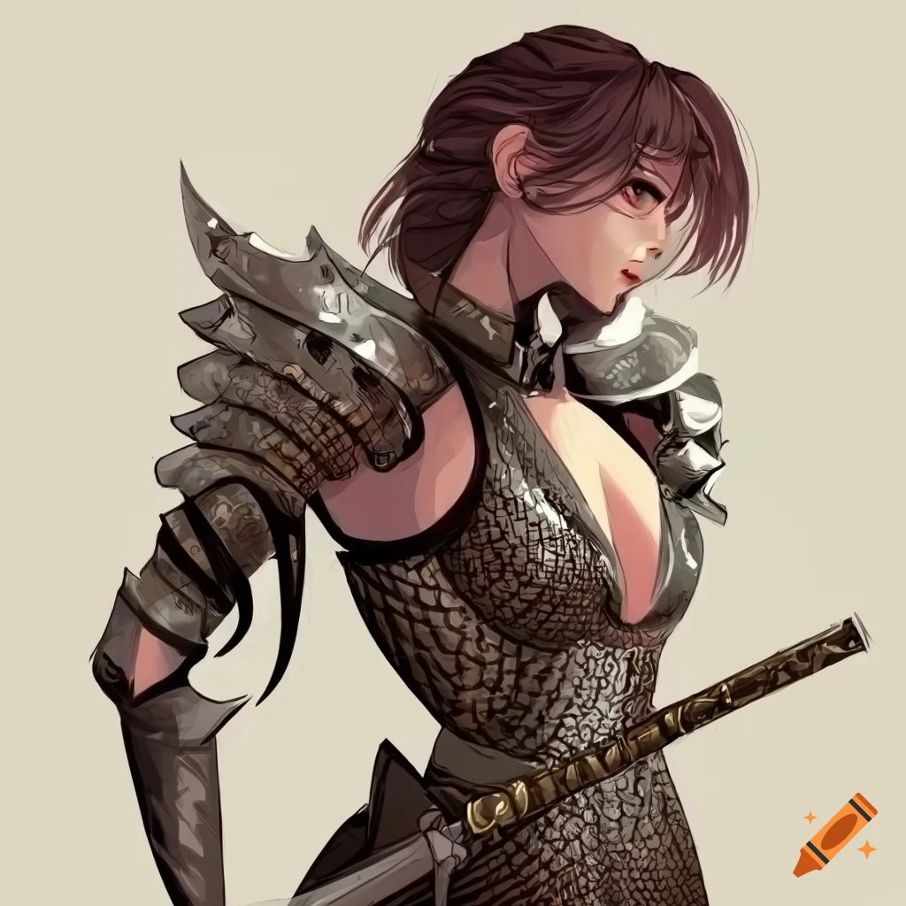Woman with snake skin and metal armor in medieval fantasy style