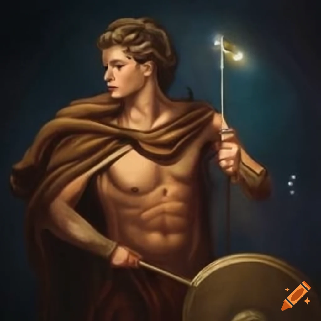 Greek male warrior constellation with spear and shield in Rebecca Guay art style