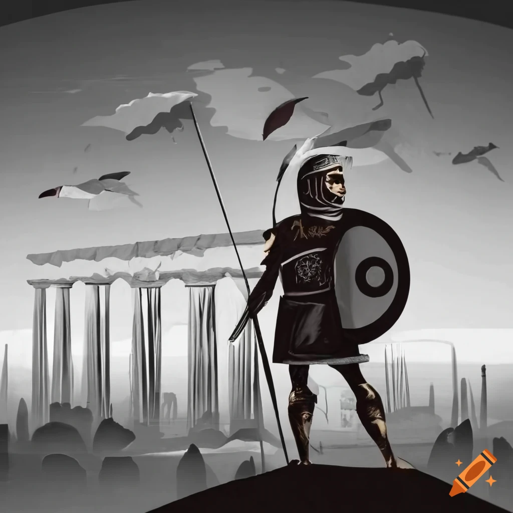 Greek soldiers in ancient armor standing in formation with a classical city backdrop in black and white