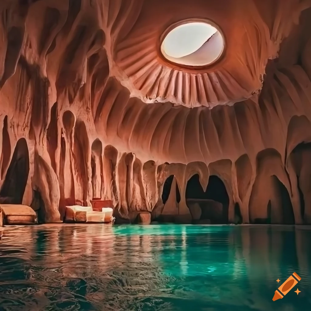 Interior of a cave with terracotta-colored furniture and a swimming pool surrounded by jungle vegetation