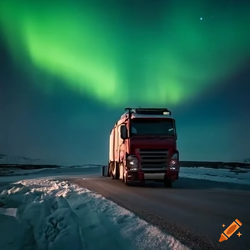 European truck in Arctic landscape under the Northern Lights