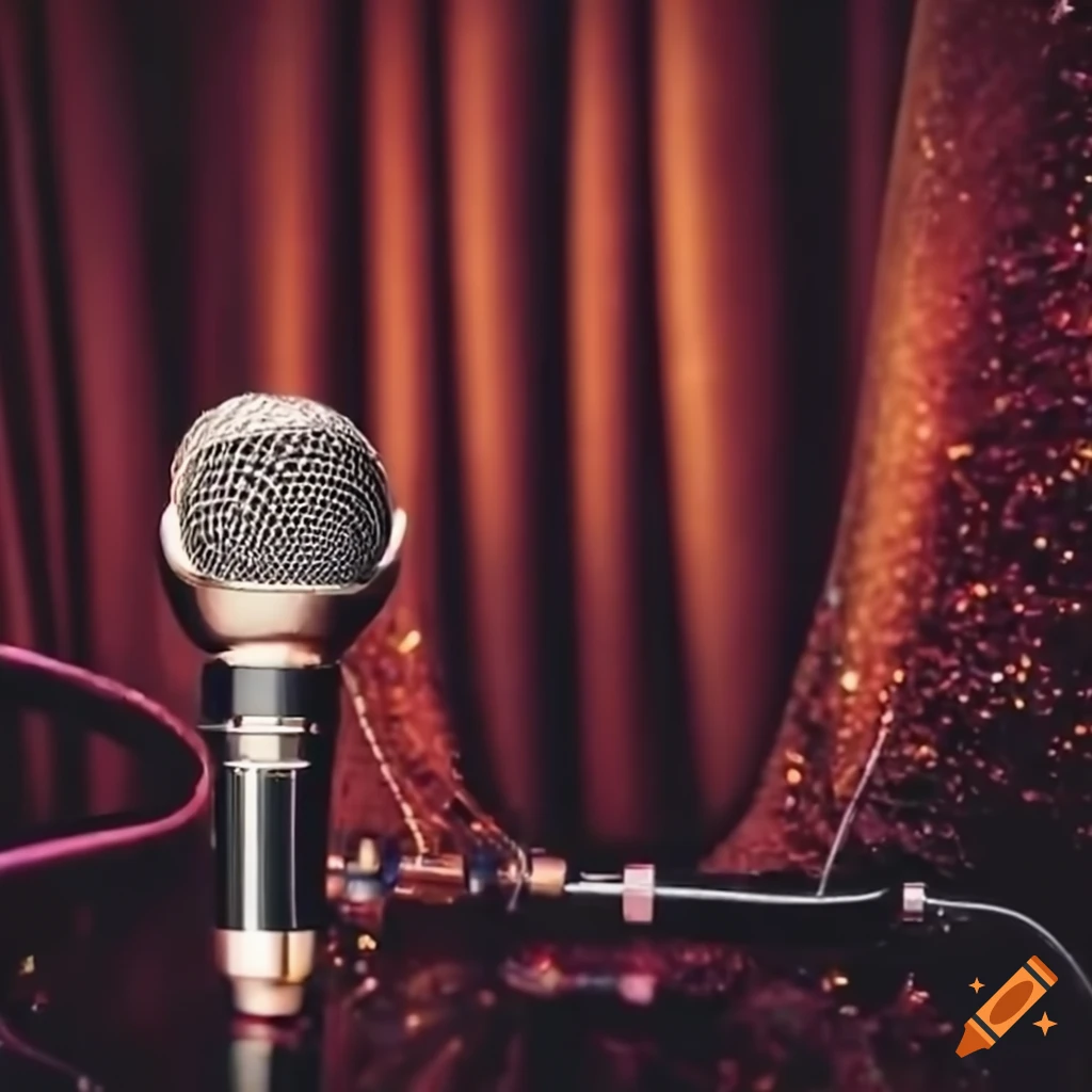 Luxurious karaoke setup with velvet curtains, vintage microphones, and glittering visuals