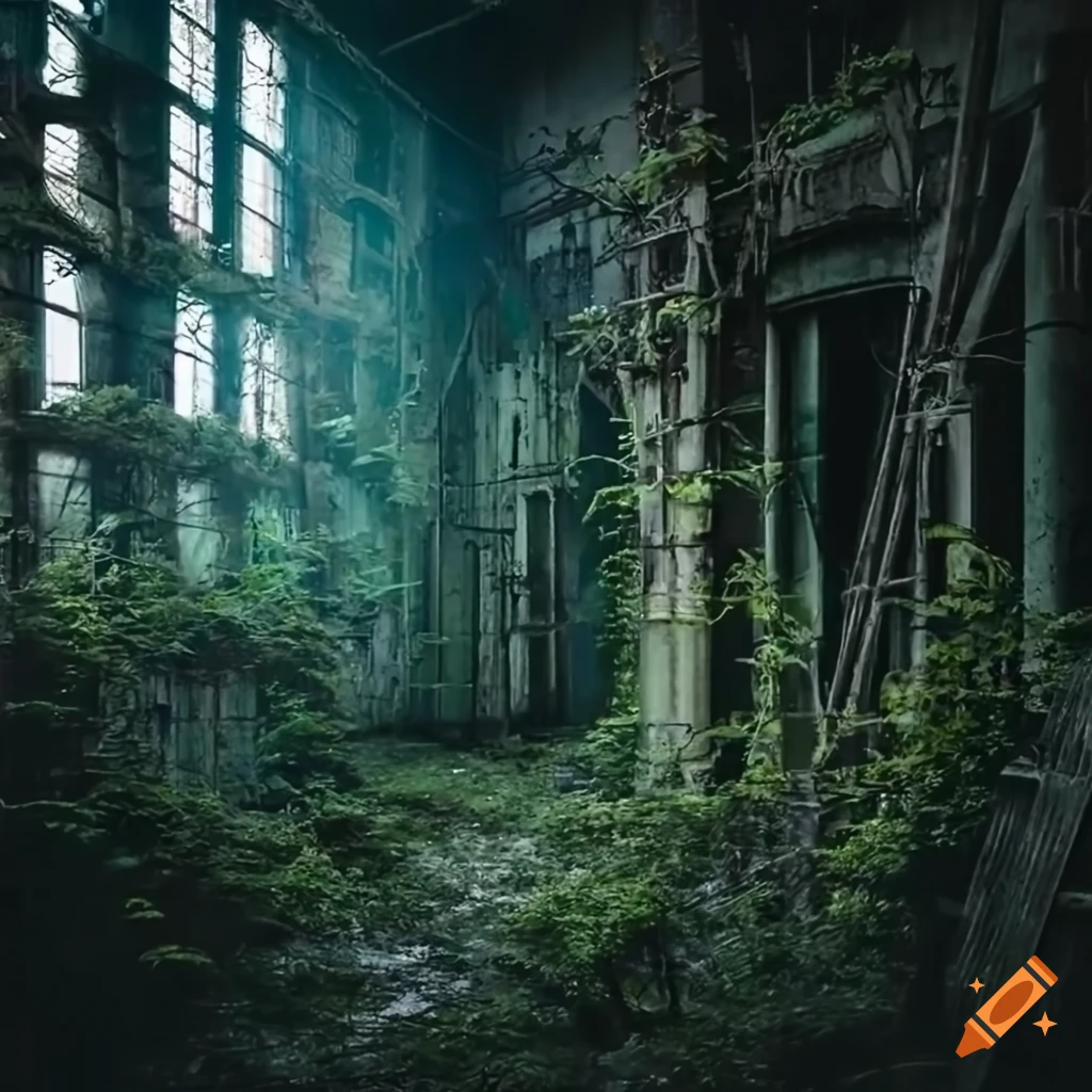 Eerie abandoned factory overgrown with vines under moody skies