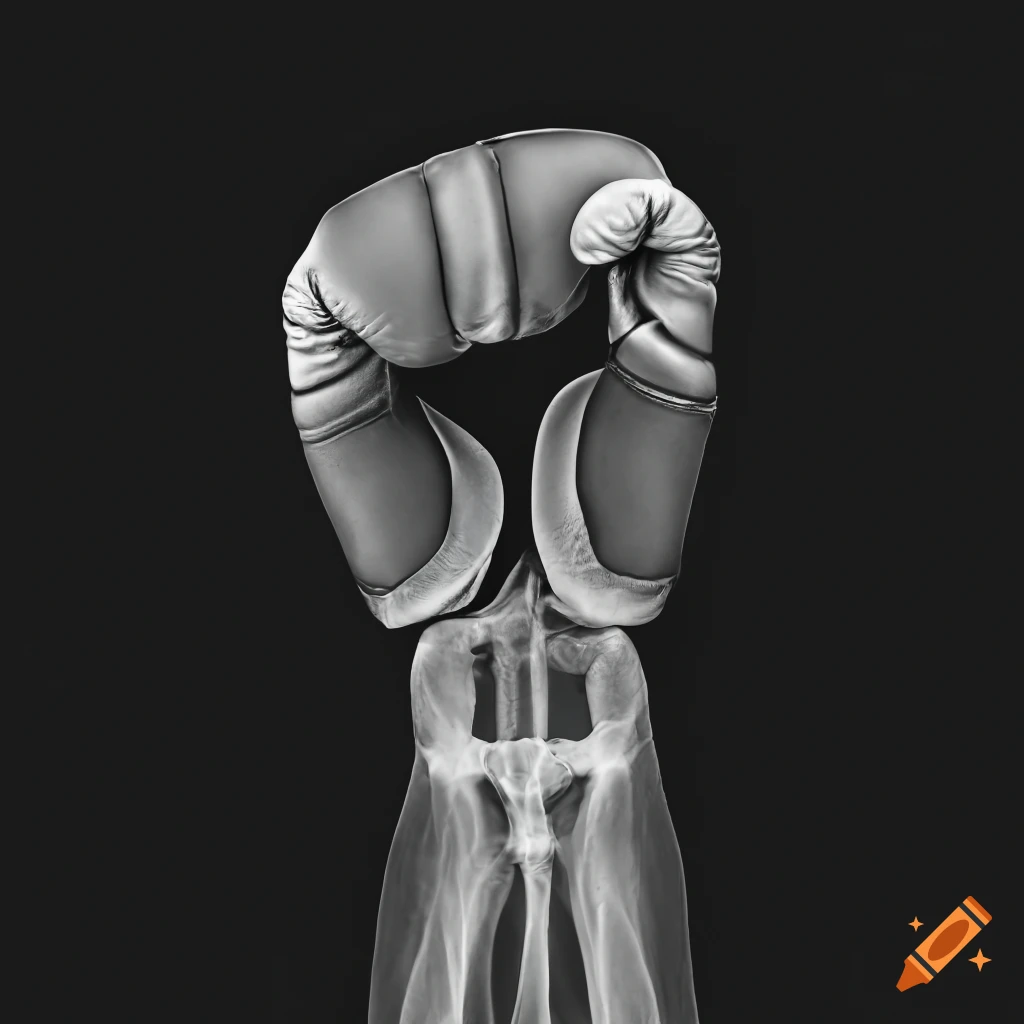 X-ray scan of hands with boxing gloves highlighting bones