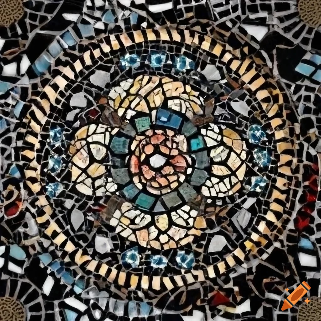 Altaic stone mosaic featuring a long-haired manul amidst black stones
