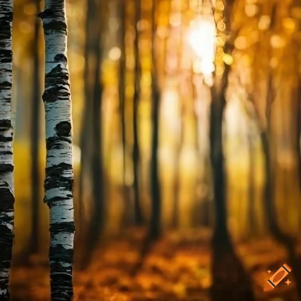 Sunlit autumn birch forest bokeh