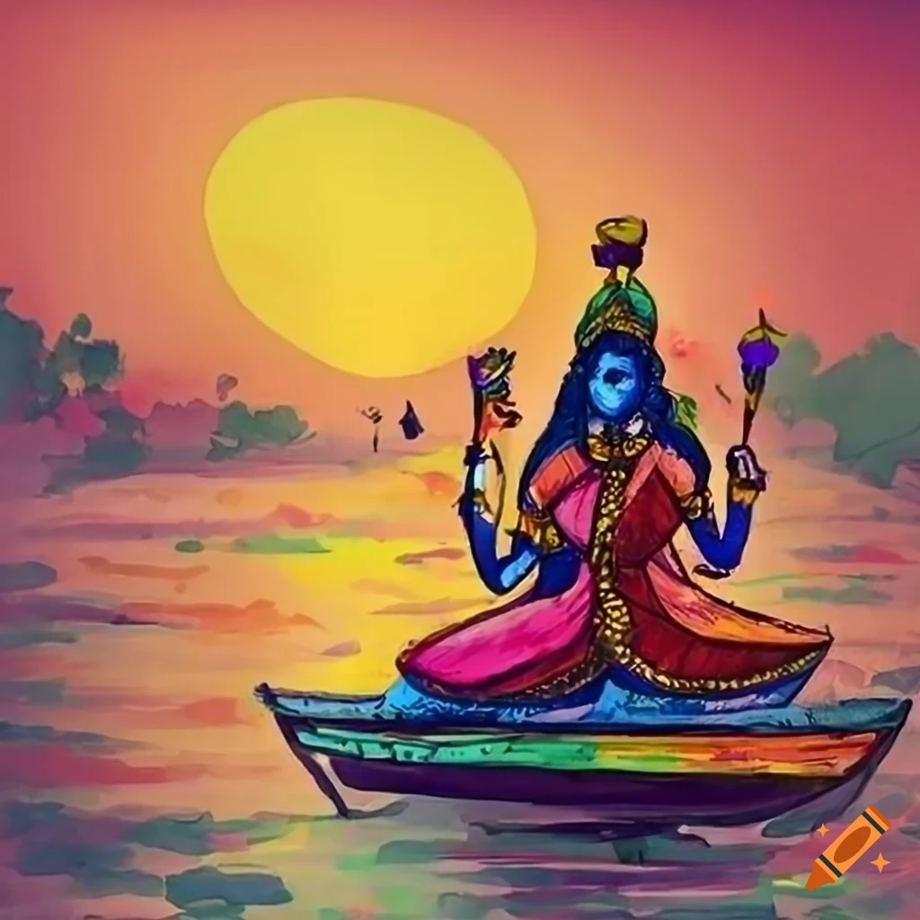 Pencil sketch of a river in rural India at sunset, villagers celebrating a festival with colorful boats