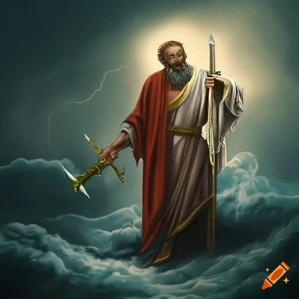 Saint Paul holding a sword in a stormy setting