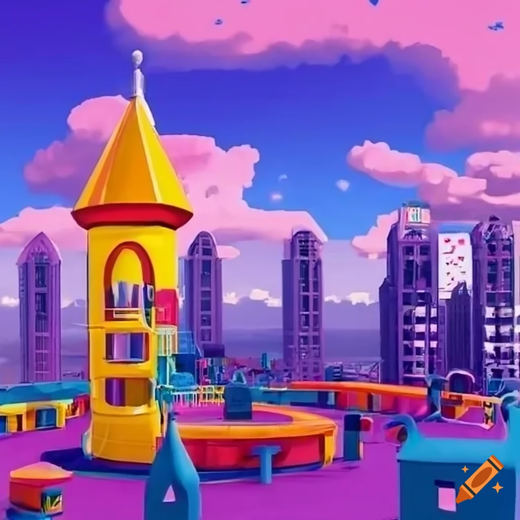 Surreal city with colorful playground structures instead of buildings