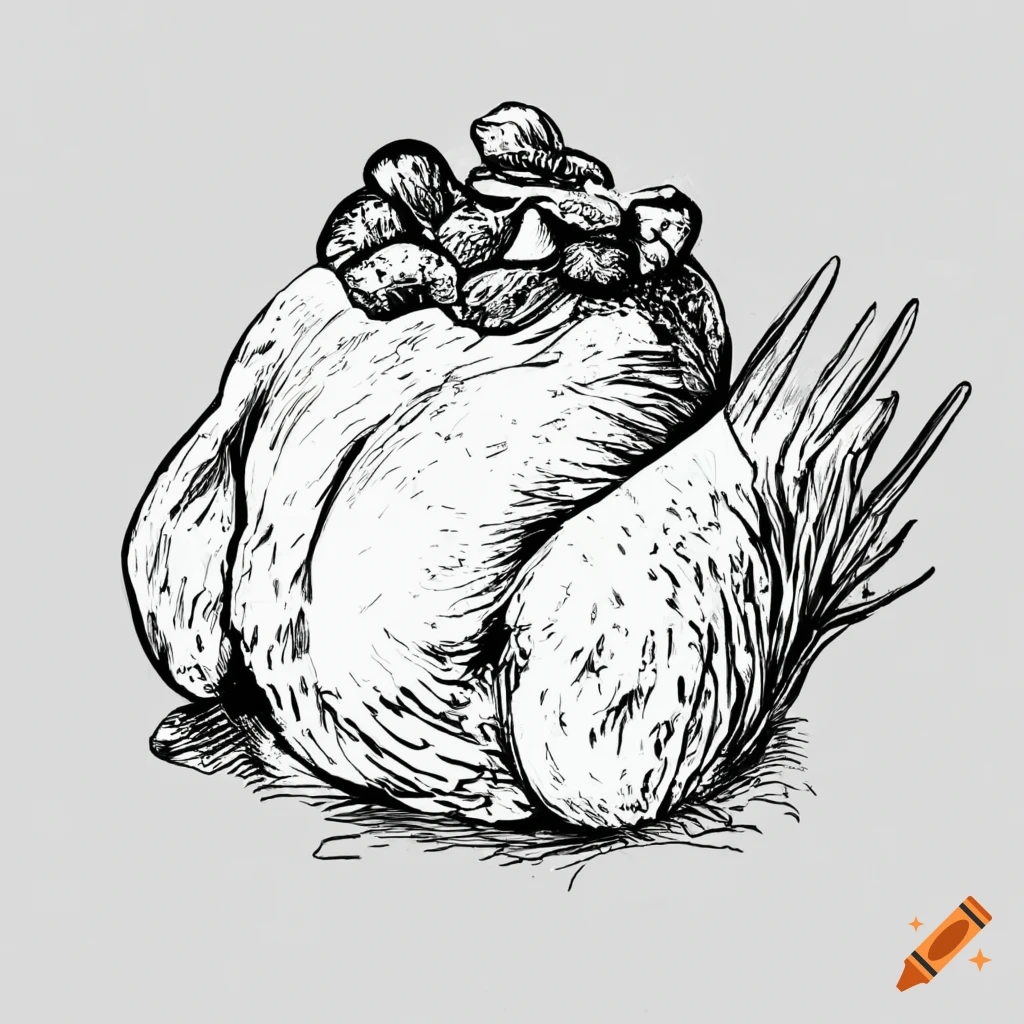 Chicken baked with pineapple or mushrooms and cheese in black and white drawing