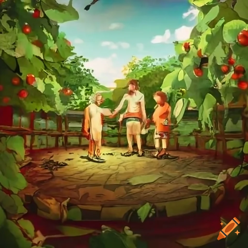 Three men having a discussion in a fruitful garden