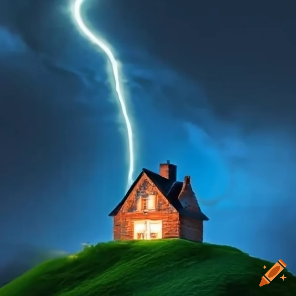 Tornado with lightning hitting a hill next to a brick house