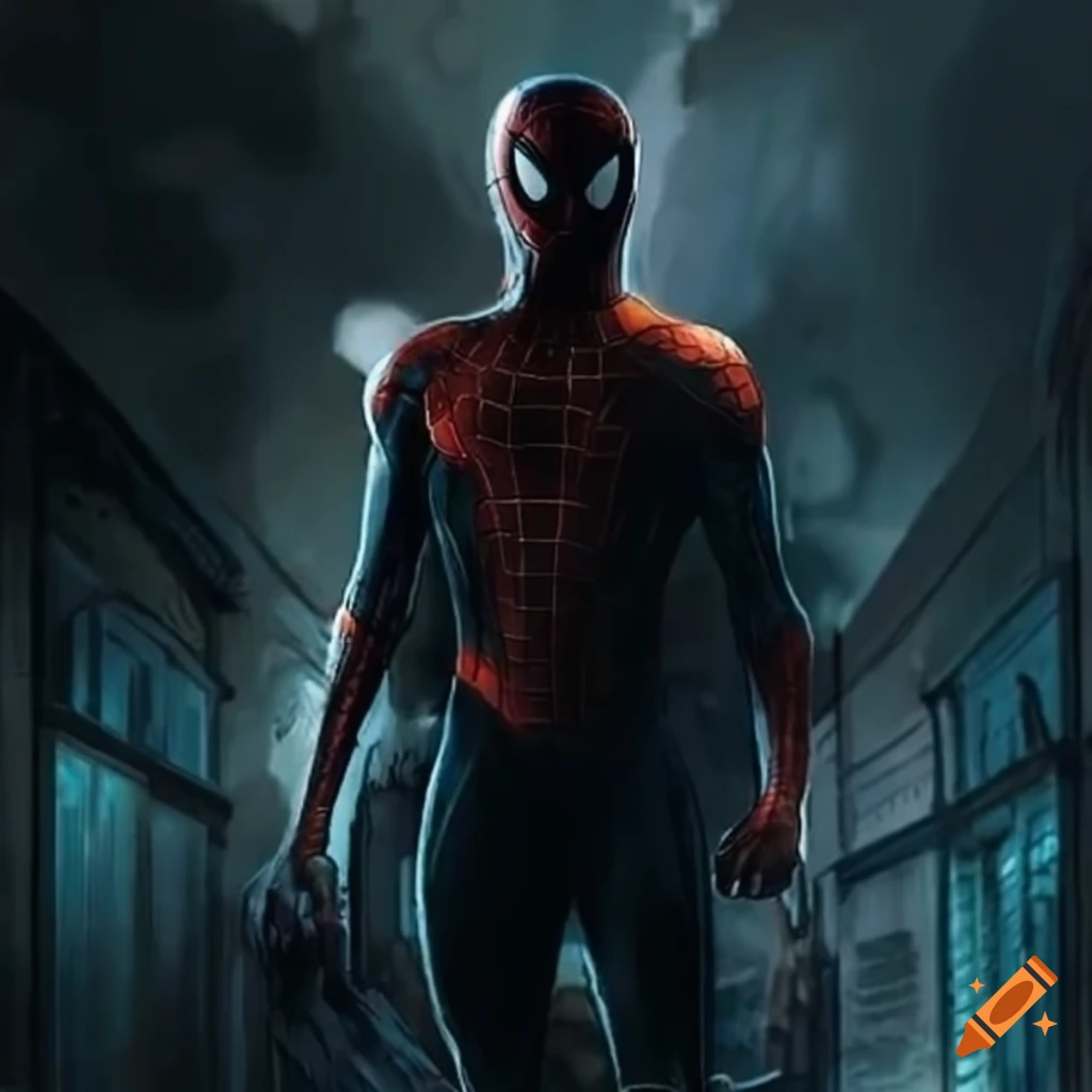 Peter Parker transforms into Spider-Man in a dark alley