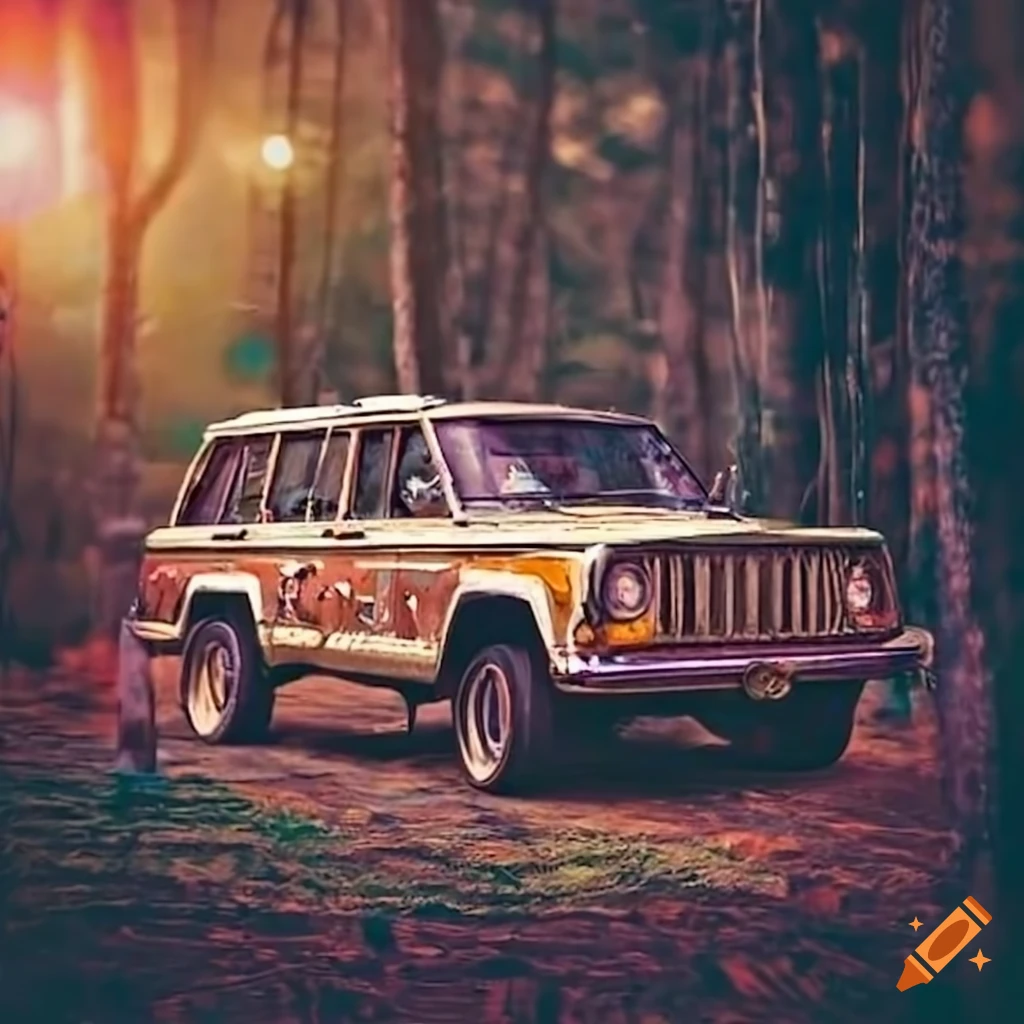 Vintage Jeep Cherokee with Native American artwork design