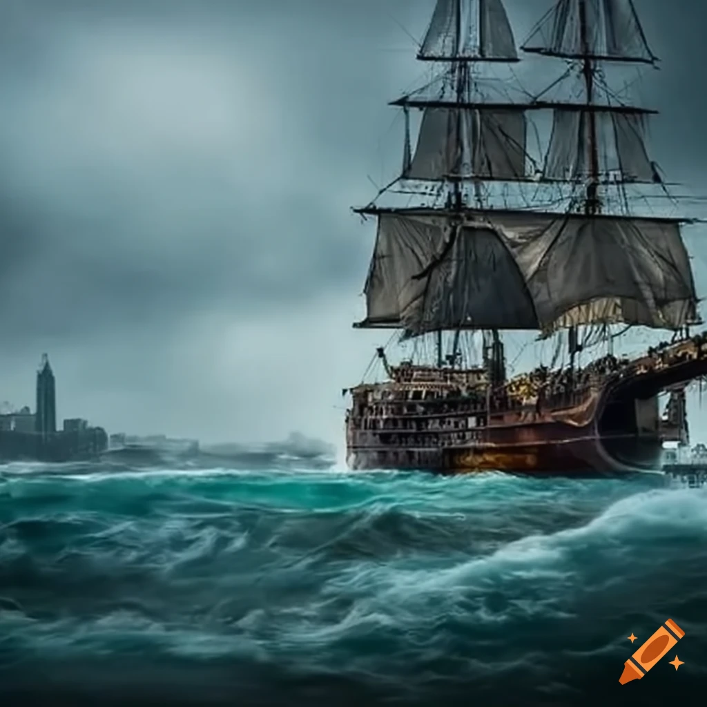 Vintage steampunk ship sailing towards a city tower in a stormy sea