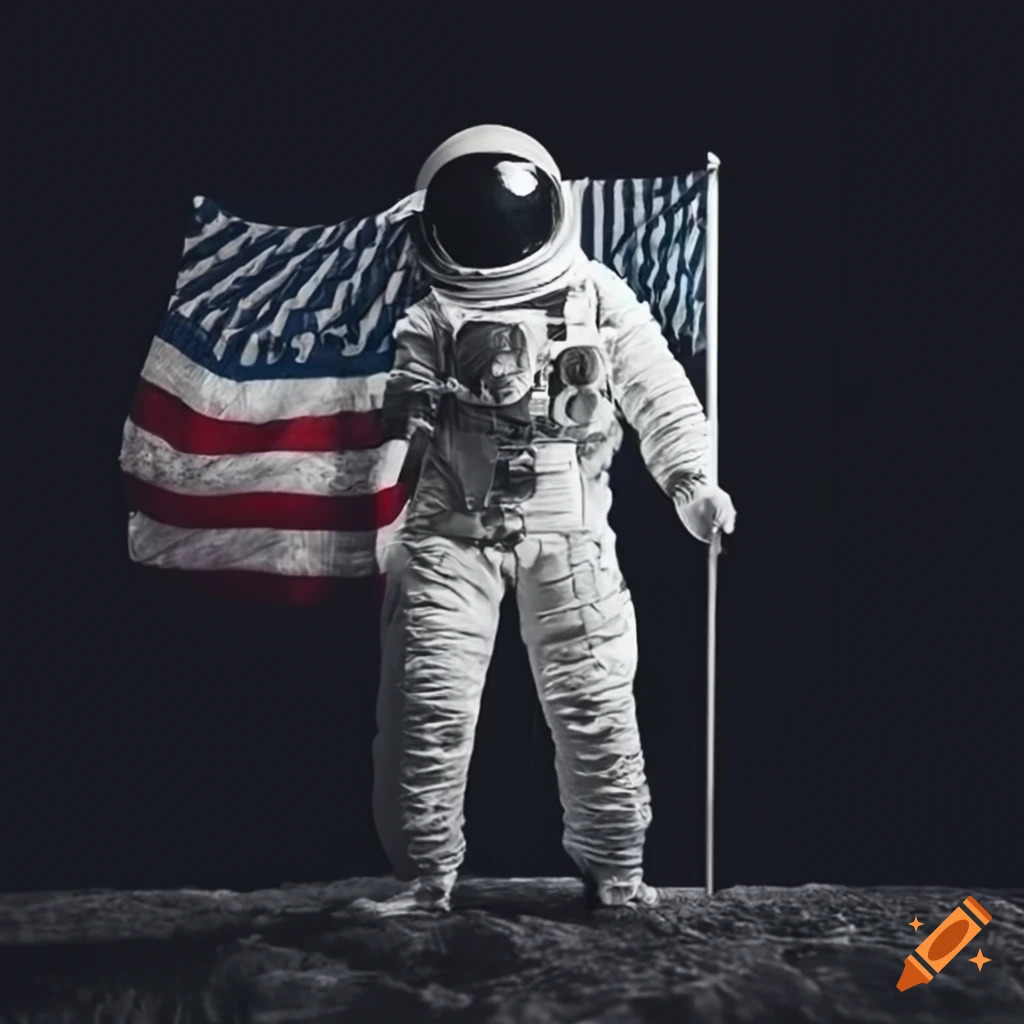 Astronaut sitting on the moon holding a flag