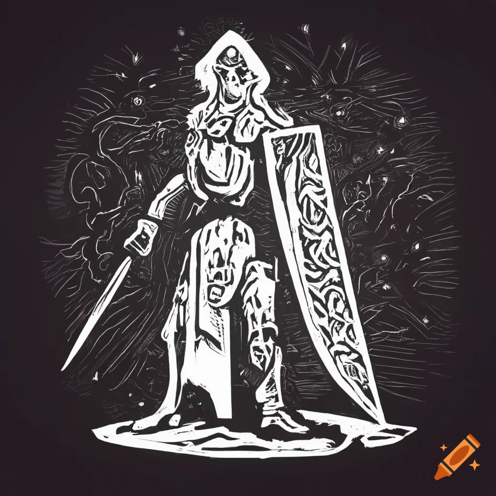 Stylized paladin character from Mörk Borg in black and white linocut style