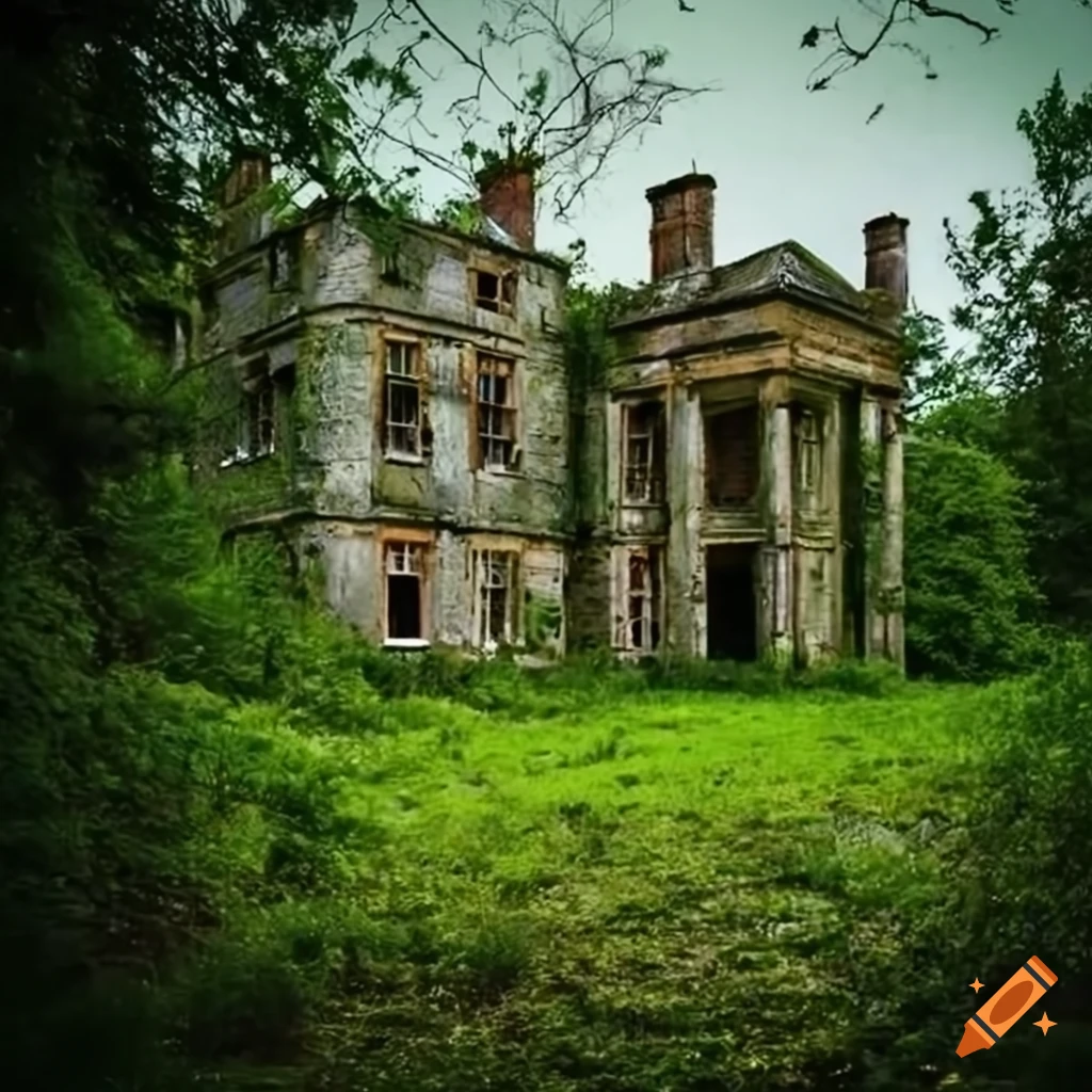 Eerie post-apocalyptic scene of a decaying british mansion with ...